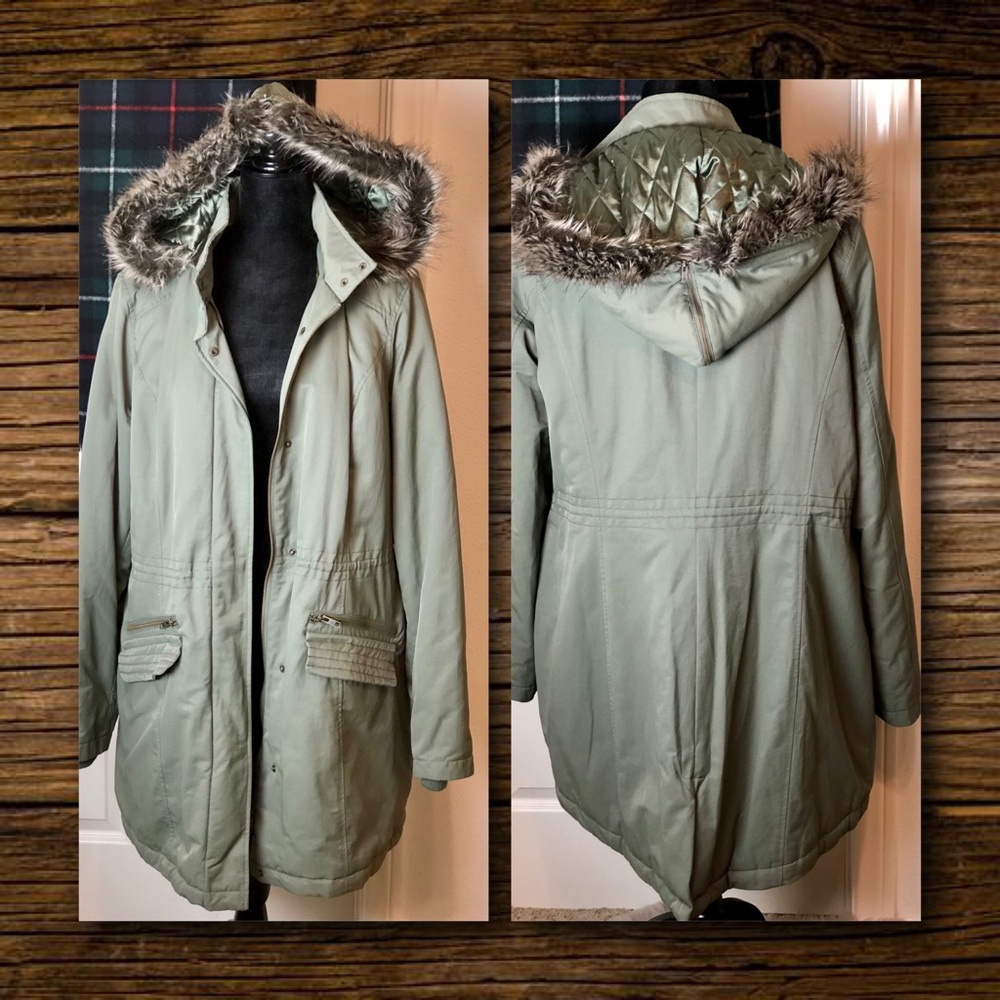 Long Tall Sally Khaki Parka with Faux Fur Trimmed Hood Size 14